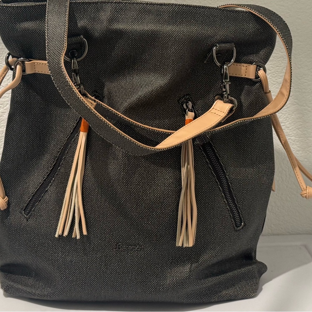 Sherpani Black and Tan Shoulder Bag with Tassel Accents